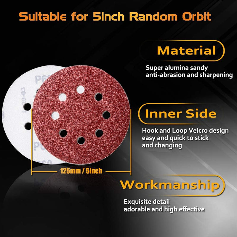 [Australia - AusPower] - Pack of 80 Random Orbital Sandpaper Sandpaper 125 mm Velcro, 8 Hole Sanding Discs 125 mm Round Velcro for Random Orbital Sanders 10 x 40/60/80/120/180/240/320/400 Grit by Taspire 10 x 40-400 grit 
