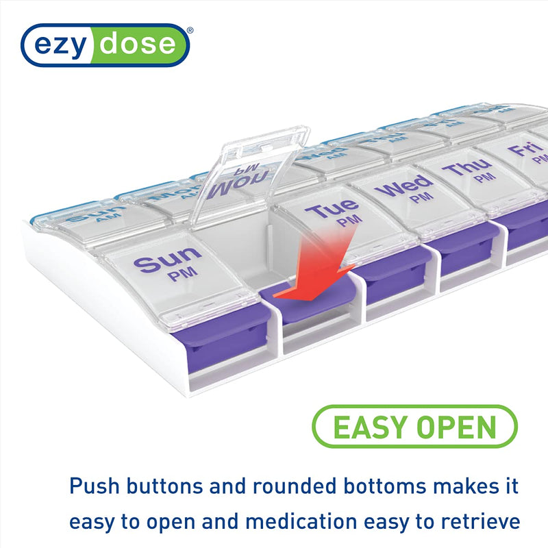 [Australia - AusPower] - EZY DOSE Push Button (7-Day) Pill Case, Medicine Planner, Vitamin Organizer, 2 Times a Day AM/PM, X-Large Compartments, Arthritis Friendly, Clear Lids, Purple and Blue, BPA Free Blue and Purple (Clear Lids) 1 Count (Pack of 1) 