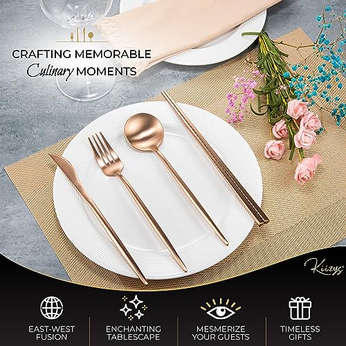 Matte Copper Silverware Set Reusable Chopsticks - KiiZYs 14-piece Stainless Steel Utensils Set Kitchen Accessories - Modern Flatware Spoon Fork Knife - Cutlery Set Gift Box (Matte Copper, 2 Sets) Matte Copper Set for 2 (14pcs)