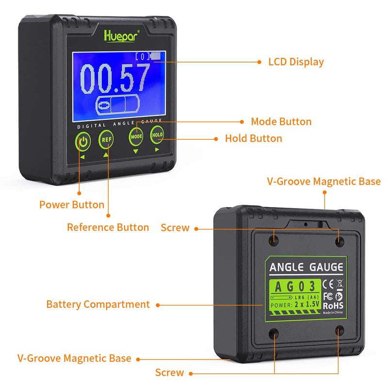 Huepar Digital Protractor, Electric Level Dual Axis Meter 0.01° Resolution V-Groove Magnetic Base & LCD Inclinometer with Acoustic Alarm 0~360°AG03