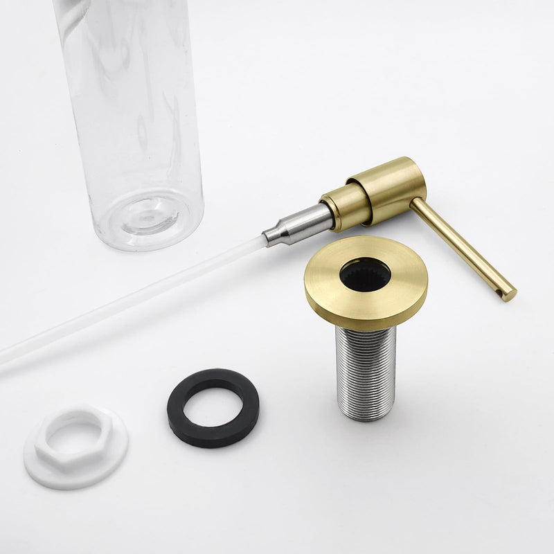 EADOT Brushed Gold All Brass Sink Soap Dispenser for Kitchen Sink Deck Mounted with 17 OZ Above The Sink Refillable PET Bottle Brass Pump Head in Counter Dish Soap Dispenser