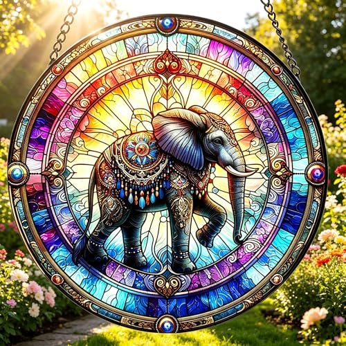 Stained Glass Indian Elephant Suncatcher Window Hanging, 7.87 in 7.8x7.8 IN