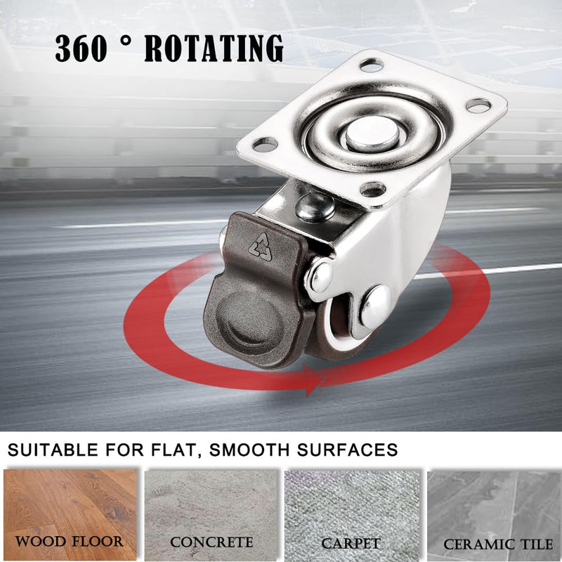 [Australia - AusPower] - Small Caster Wheels 1 Inch, Low Profile 360 Degree Swivel Casters Set of 4, Little Rubber Base Rolling Plate Caster Wheels for Small Furniture(2 with Brakes & 2 Without),No Noise 