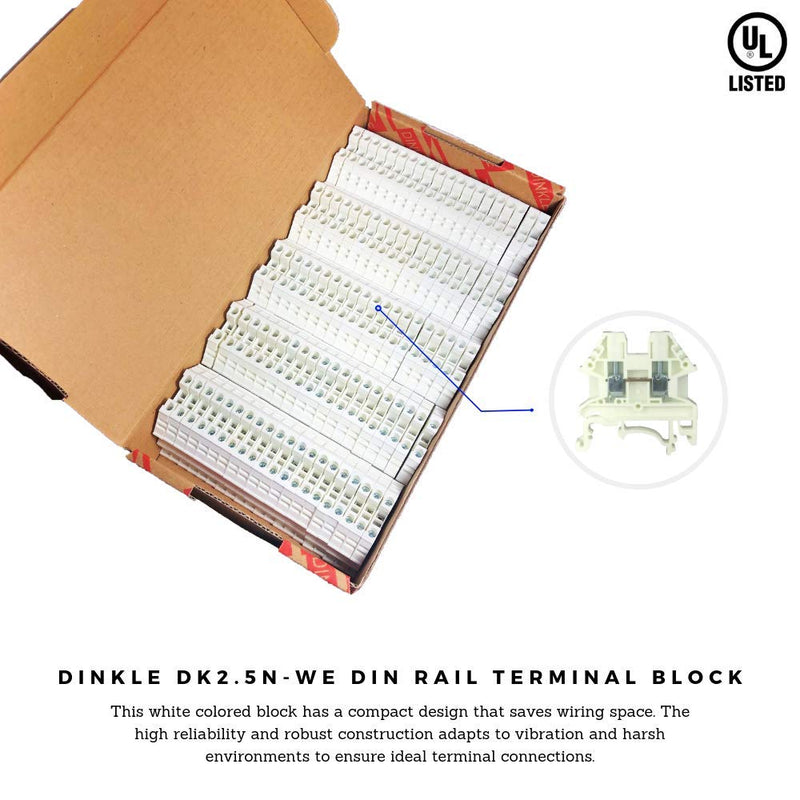 [Australia - AusPower] - Dinkle White DK2.5N-WE DIN Rail Terminal Block Screw Type UL 600V 20A 12-22AWG, Pack of 100 