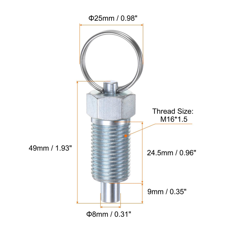 [Australia - AusPower] - 2Pcs Spring Plunger with Pull Ring M16x1.5 Thread Length Pin Dia.8mm Flat Head Carbon Steel Non-Locking Retractable Index Plunger for Industrial Equipment 