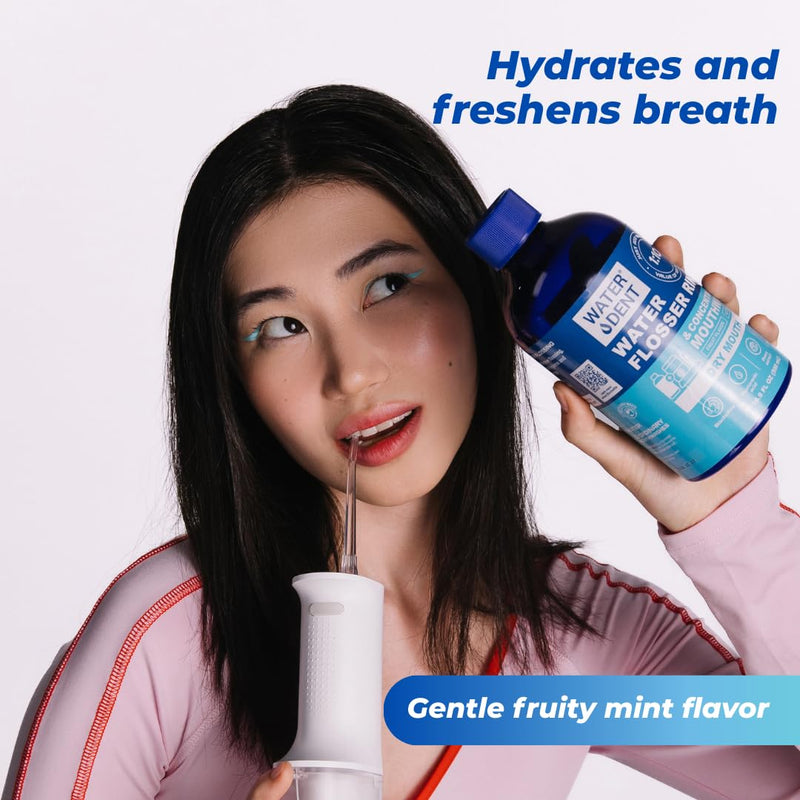 WATER DENT Water Flosser Rinse, Solution, Additive & Mouthwash for Dry Mouth – Compatible with Waterpik & All Oral Irrigators, with Hyaluronic Acid, Alcohol & Fluoride Free, Fruit Mint, 16.9 fl oz 16.9 Fl Oz (Pack of 1)