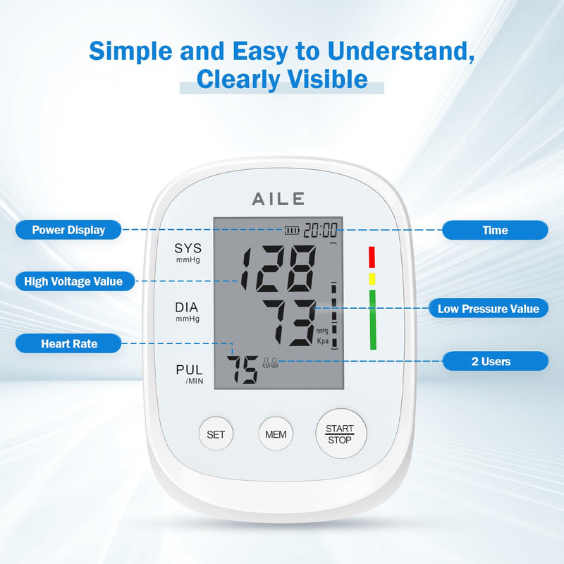 [Australia - AusPower] - Blood Pressure Monitor, AILE Blood Pressure Machine Upper Arm Large Cuff(8.7"-16.5"), High Automatic Blood Pressure Monitors Cuff for Home Use, (BP) Manual Arm Blood Pressure Monitors, 2 * 99 Memory White 