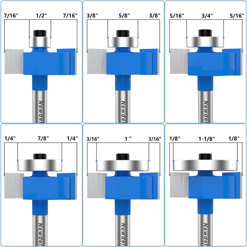 [Australia - AusPower] - Newdeli Rabbet Router Bit Set 1/4 Inch Shank - 4Pcs Rabbeting Router Bits?1/8",1/4",3/8", 1/2" Height? with 6 Bearings Set (1/2", 5/8", 3/4", 7/8", 1", 1-1/8" Bearings) - Wood Biscuit Slot Cutters 4Pcs Rabbet Router Bits-6 Bearings-1/4" Shank 