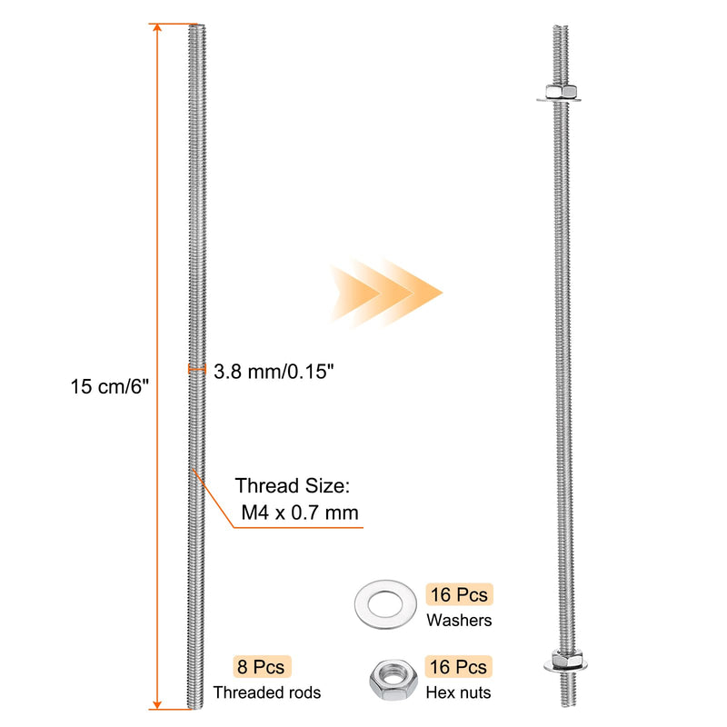 [Australia - AusPower] - uxcell 8pcs 6 Inch M4 Stainless Steel Threaded Rods with 16pcs Hex Nuts and Washers for Garden Stake Decoration, DIY Crafts, Industrial Use, Construction, Furniture Assembly, Landscaping 8 