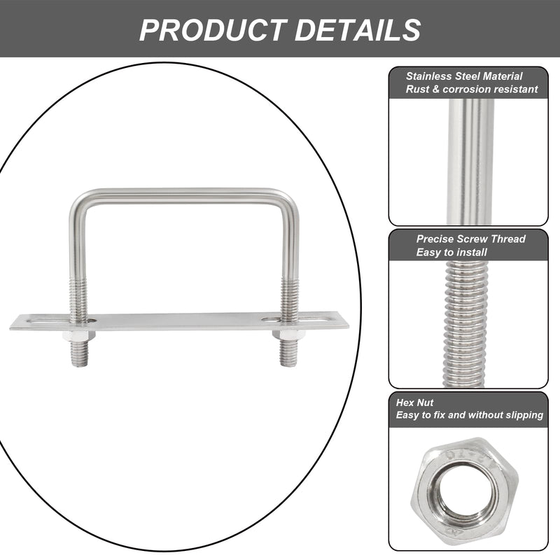 [Australia - AusPower] - 4 Sets 304 Stainless Steel Square U-Bolts, M8 x 82 x 75mm (Thread x Inner Width x Length) Tie Down U Bolt Clamp with Nuts and Plates for Automobiles Trailer Boat Trailer M8x82x75mm 4 