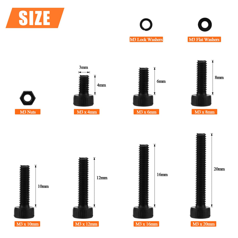 [Australia - AusPower] - 560 Pieces M3 x 4mm /6mm /8mm /10mm /12mm /16mm /20mm, Hex Socket Head Cap Screws Bolts Washers Nuts Kit, 12.9 Grade Alloy Steel, Full Threaded, Black 