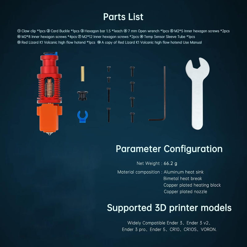 Upgrade Up to 500℃ Red Lizard K1 Volcano All Metal Hotend High Flow Plated Copper Bimetal Heatbreak Compatible with Voron 2.4 Prusa I3 MK3 MK3S DDB Titan Extruder V6 Hot End 3D Printer