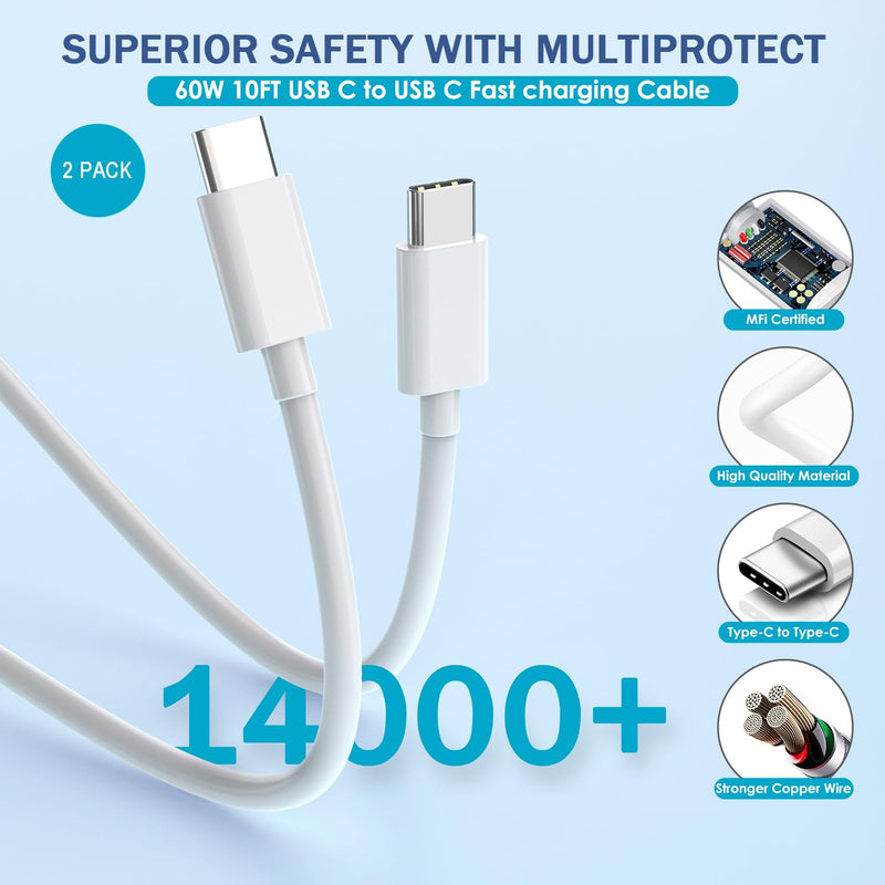 10 Foot Fast iPhone Charging Cable,2Pack 20W Dual Port USB C+A Wall Charger Block with 10FT Type C-C Charging Cable Apple Adapter for iPhone 17/17 Air/17 Pro/16/16e/16 Pro Max/15 Pro/iPad(Purple/Blue) 10FT C-C Purple/Blue 2
