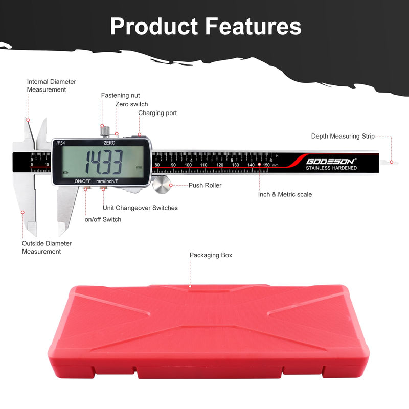 [Australia - AusPower] - GODESON Digital Caliper, Rechargeable Digital Micrometer-IP54 Waterproof, Stainless Steel & Large LCD Screen Caliper Measuring Tool-Inch/Metric/Fraction,6" Calipers-Auto Off for Pros & DIYers 