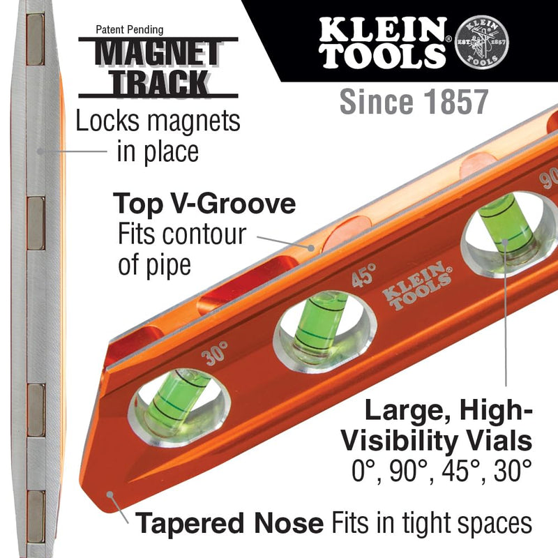 [Australia - AusPower] - Klein Tools 935RB Torpedo Level, 8-Inch Billet Magnetic Level, 0/30/45/90 Degree Vials, V-Groove, Tapered Nose, High-Visibility Vial and Body Standard 