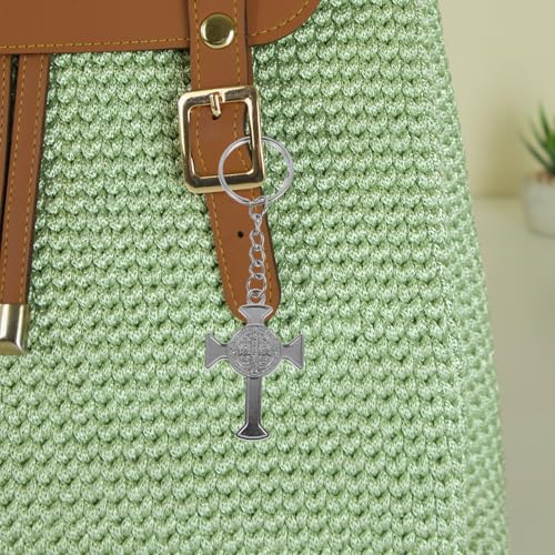Saint Benedict Cross Keychain, Zinc Alloy Religious Crucifix Key Rings with Fine Workmanship and Wear Resistant Finish, Elegant Craftsmanship for Easter and Baptisms, Silver