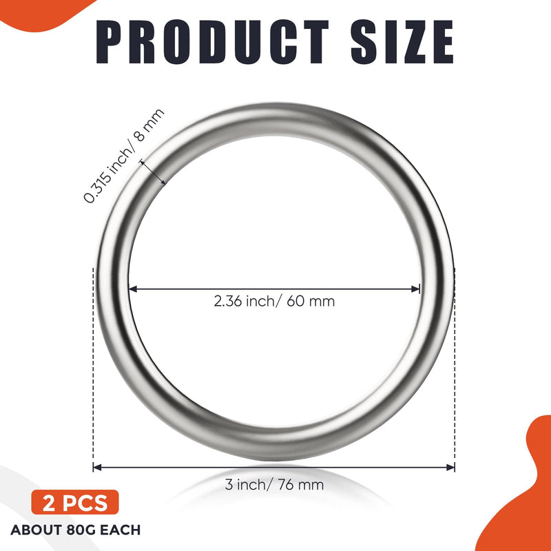 [Australia - AusPower] - Hotop Metal O Ring Seamless 304 Stainless Steel Rings Welded Multi-purpose Smooth Round Ring for Hanging Flower Basket Crafts(2 Pcs,3 Inches) 3 Inches 2 