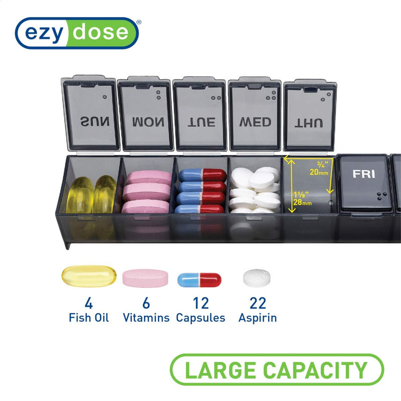 [Australia - AusPower] - EZY DOSE Weekly (7-Day) Pill Case, Medicine Planner, Vitamin Organizer Box, Convenient and Easy to Use, Large Compartments, Travel Friendly, Black, Made in the USA, BPA Free 1 Count (Pack of 1) 