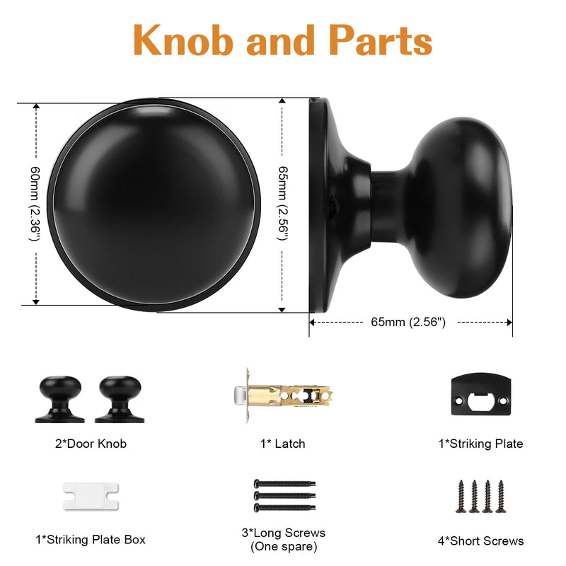 Probrico Passage Door Knobs Closet Door Knobs 2 Pack, Black Interior Door Handles with Adjustable 60-70mm Latch, Passage Doorknob for Hallway French Doors