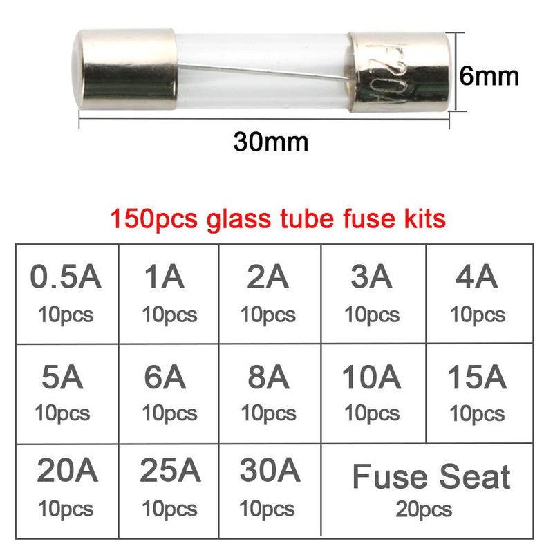 [Australia - AusPower] - QitinDasen 130 x Professional 6 x 30 mm Car Glass Tube Fuses, Quick Impact Glass Fuse, Fast Impact Glass Fuses, with 20 x Fuse Seat 