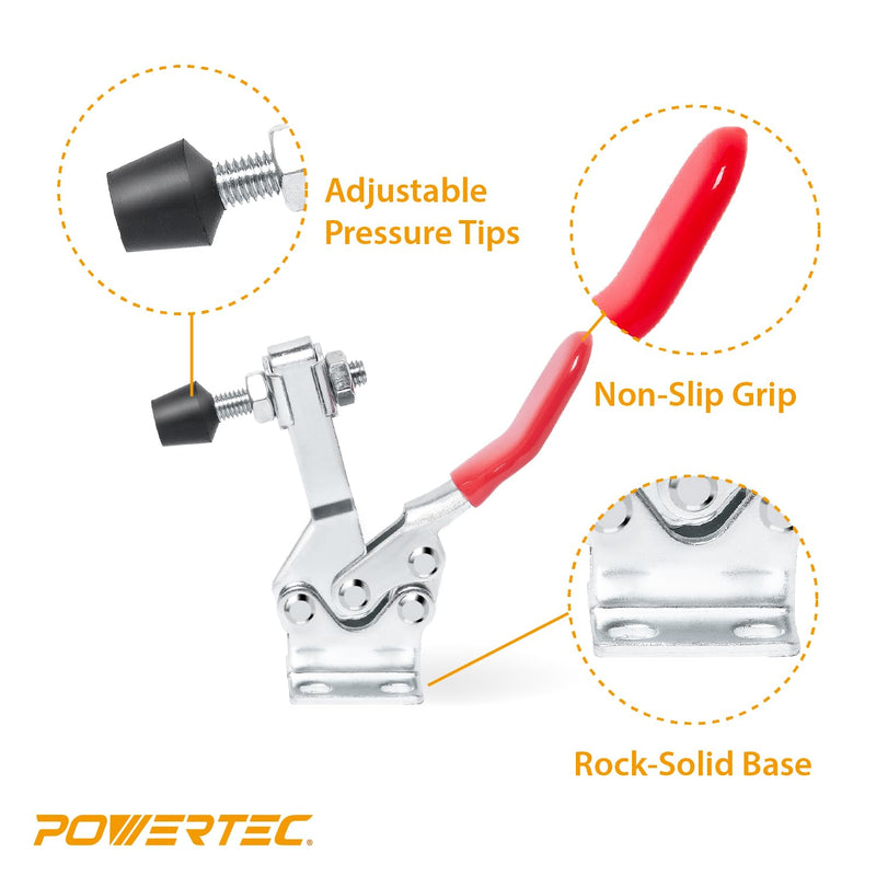 [Australia - AusPower] - POWERTEC 1PK Toggle Clamp, 500 lbs Holding Capacity, 225D Quick Release Horizontal Clamps w/ Antislip Rubber Pressure Tip for Woodworking Jigs and Fixtures, Welding, Drill Press, Crosscut Sled (20301) 225D, 1PK 