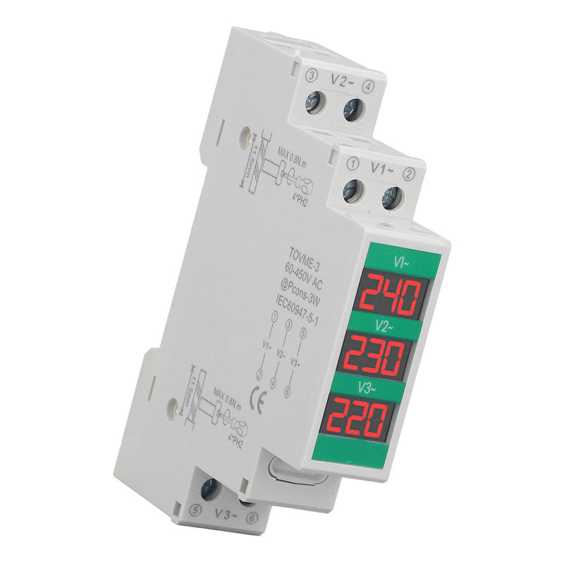 [Australia - AusPower] - 3 Phase AC Voltmeter Voltage Meter 60‑450V LCD Digital Display Voltage Meter Electric Power Meter with Din Rail Mount 