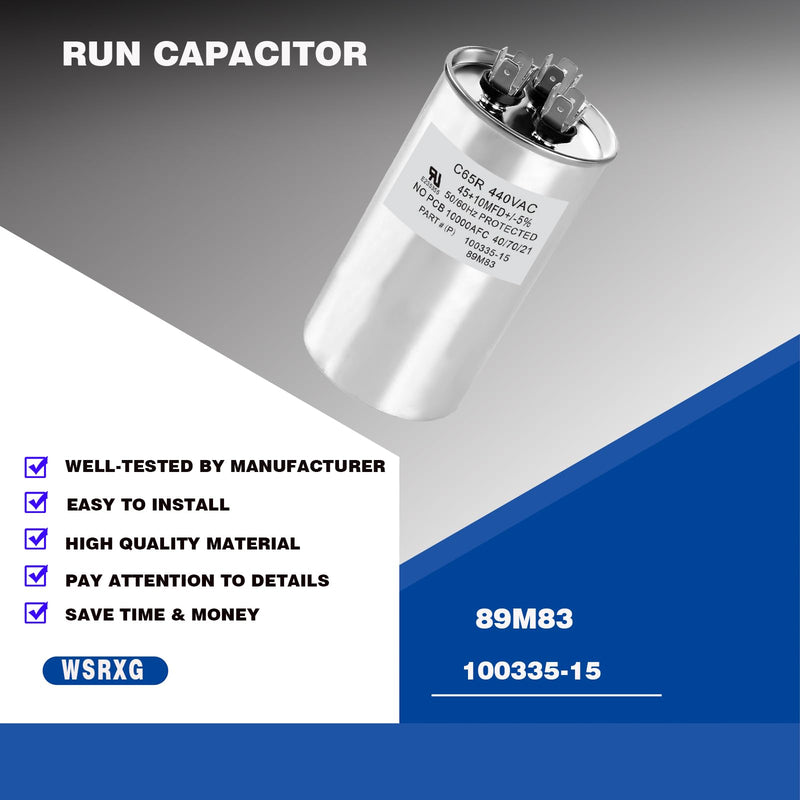 89M83 100335-15 Capacitor 45+10 MFD 440V Round Replacement