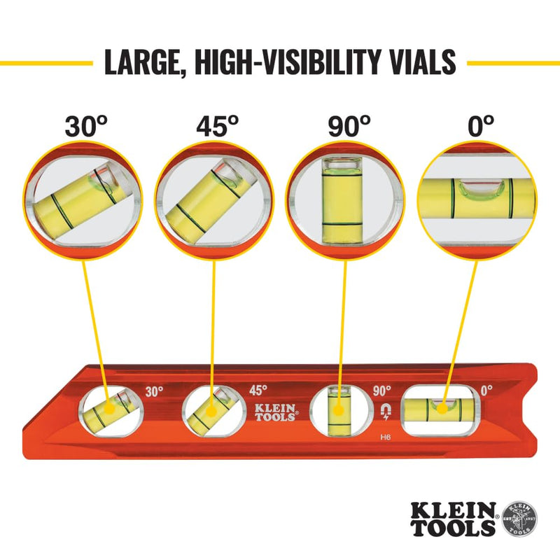 [Australia - AusPower] - Klein Tools 935RB Torpedo Level, 8-Inch Billet Magnetic Level, 0/30/45/90 Degree Vials, V-Groove, Tapered Nose, High-Visibility Vial and Body Standard 