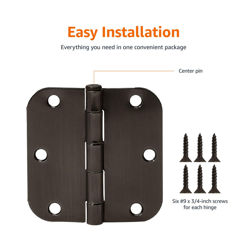 Amazon Basics Rounded 5/8 Radius Interior Door Hinges with Screws, 3.5" x 3.5", Oil Rubbed Bronze, 36-Pack 36 Pack ברונזה משוחה בשמן