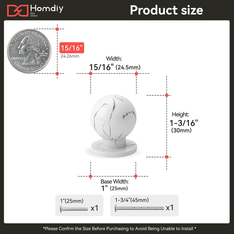 homdiy 10 Pack White Marble Cabinet Knobs White Round Drawer Knobs Kitchen Hardware Ball Dresser Drawer Handles 1 inch Diamater 1 in(25mm)