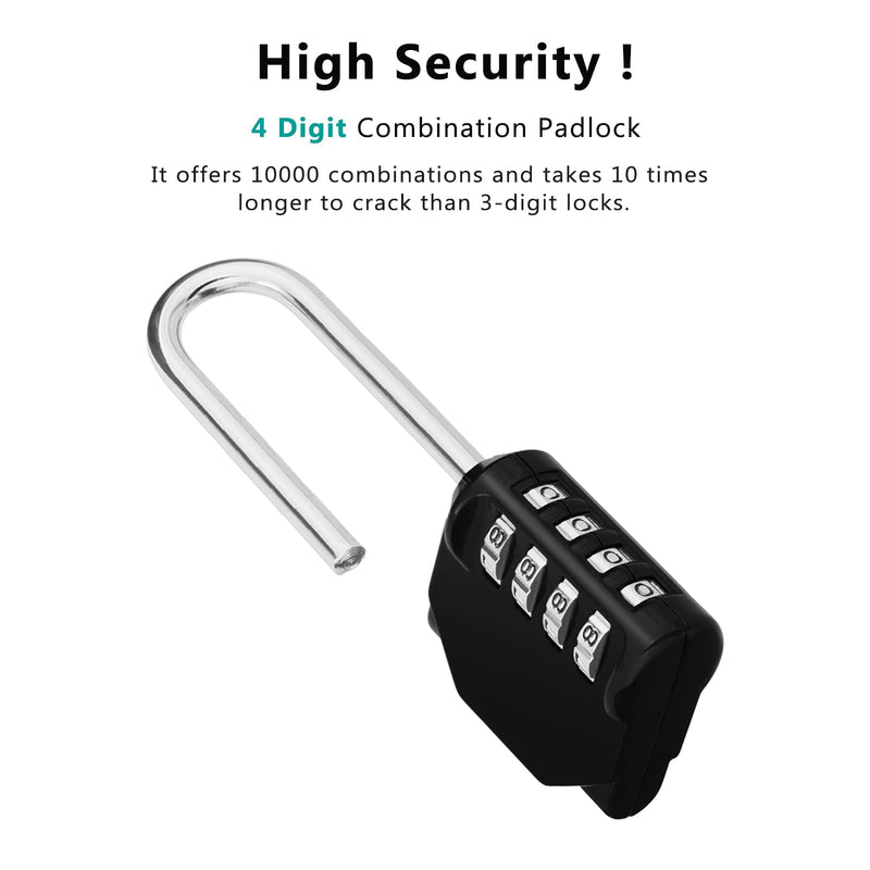 [Australia - AusPower] - ZHEGE Long Shackle Padlock, 4 Digit Combination Lock, Resettable Weatherproof Combo Lock for School, Gym Employee Locker, Outdoor, Fence (Black) 1P, Black 