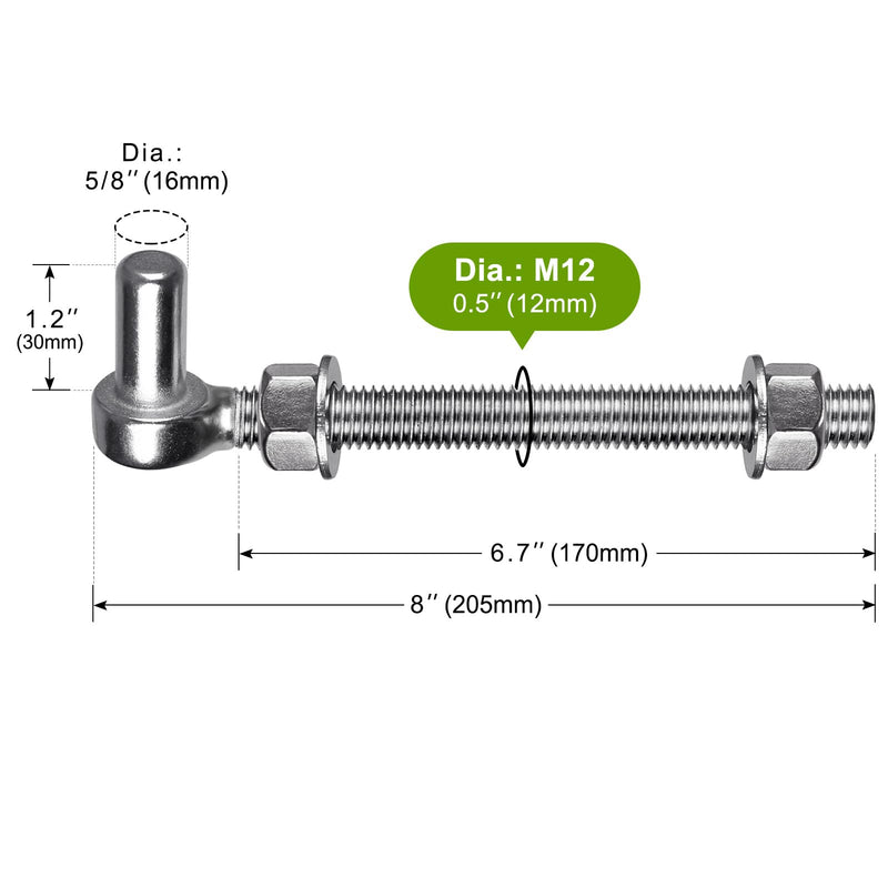 Insaga J Bolt Gate Hinge, 304 Stainless Steel Farm Gate Hinges, M12 x 8'' Gate Hinge Bolt 5/8'' for Chain Link Fence/Farm/Wooden Fence/Driveway, Supports up to 500lbs, 2pcs M12-8''-2PCS