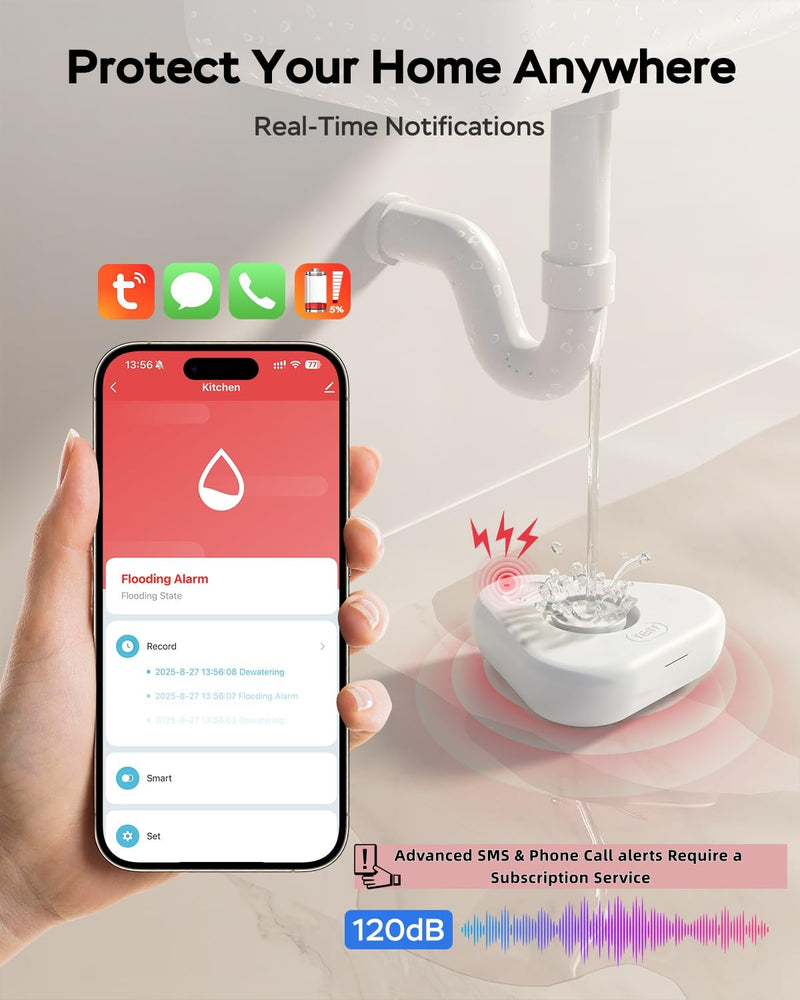 [Australia - AusPower] - Water Alarm Leak Detector,Water Leak Detectors for Home with App Alerts,Water Sensor Alarm Leak Detector with 120db Adjustable,500ft Transmission for Basement,Bathroom,No Hub Required (Support 2.4G) Water Detector-3pcs 