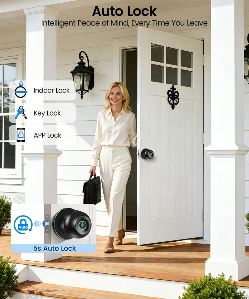 Fingerprint Door Lock, Smart Fingerprint Door Knob with Lock, Biometric Door knob with App Control & Key, Keyless Thumbprint Entry Door Lock for Bedroom, Front Door, Home, Apartment Office-Stain Black