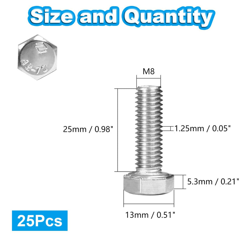 [Australia - AusPower] - Yinpecly 25 Pcs M8 Hex Bolts M8-1.25 x 25mm Hex Head Screw Bolt 304 Stainless Steel M8-1.25mm Hexagon Bolts Hex Head Screws, Metric Machine Fully Thread, Bright Finish 