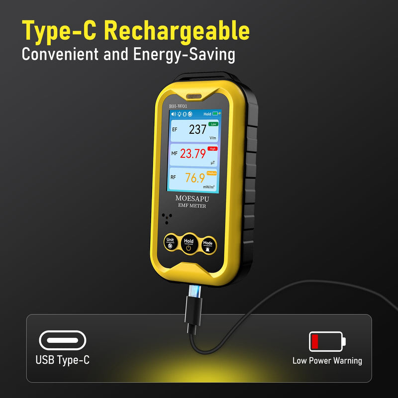EMF Meter, 3-in-1 Electromagnetic Radiation Detector for EF MF RF Field, Electric Magnetic Radio Frequency Monitor, Portable Rechargeable Battery Reader for Microwave Ghost Hunting, BH-W01 Yellow
