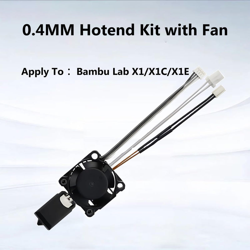 X1/X1C/X1E Complete Hotend with Fan 0.4mm Hardened Steel Nozzle 3D Printer Ceramic Extruder Print Head Kit with Heater Cartridge Thermistor Heater Block and Silicone Sock Support High Speed Printing 0.4mm Hotend for X1/X1C/X1E