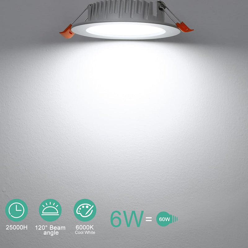 [Australia - AusPower] - LED Recessed Spotlights 230 V 6 W Ultra Flat IP44 Set of 6 Cool White 6000 K Installation Depth 26 mm 600 Lumen Diameter 105 mm Installation Hole Dimensions 75-95 mm for Bathroom Living Room Kitchen Cold White 