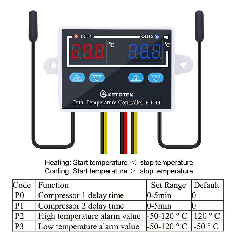 [Australia - AusPower] - Ketotek Thermostat, Heating and Cooling Digital Temperature Monitor, Thermostat, with 2 Sensor Output Power, Direct for Aquarium and Incubator Heating, Terrarium Reptiles Mat AC 230 V 
