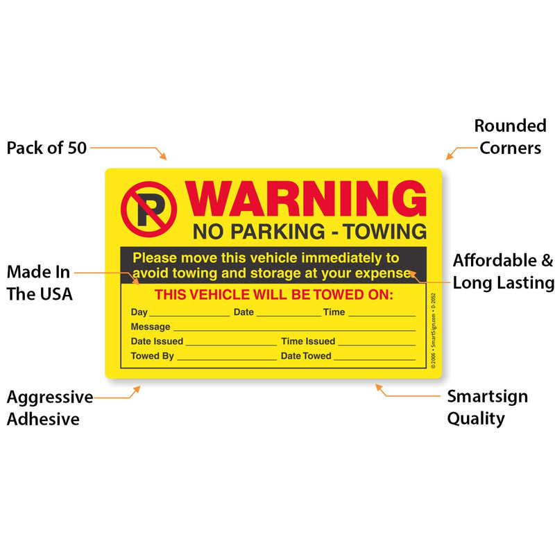 SmartSign Please Move This Vehicle to Avoid Towing Pack of 50 Parking Violation Stickers | 5" x 8"