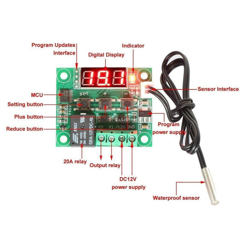 [Australia - AusPower] - Hailege 2pcs W1209 12V DC Digital Temperature Controller Board Micro Digital Thermostat Electronic Temperature Temp Control Module Switch with 10A One-Channel Relay and Waterproof 