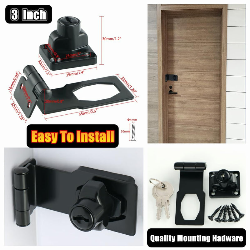 [Australia - AusPower] - Alise Keyed Hasp Lock Right Angle 90°,3 Inch Safety Packlock Clasp Hasp Lock Latch with Lock, Black Door Hinge Lock with Keys Keyed Locking Hasp for Cabinets Closets Doors 3 Inch 