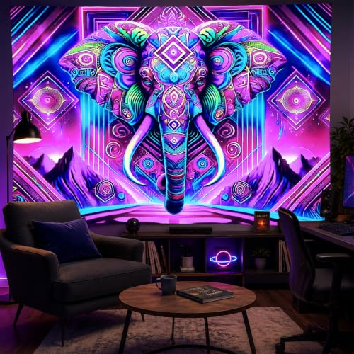 BlissYard Blacklight Tapestry Elephant Neon Wall Art 78 x 59 Inch 2410101CXNZS