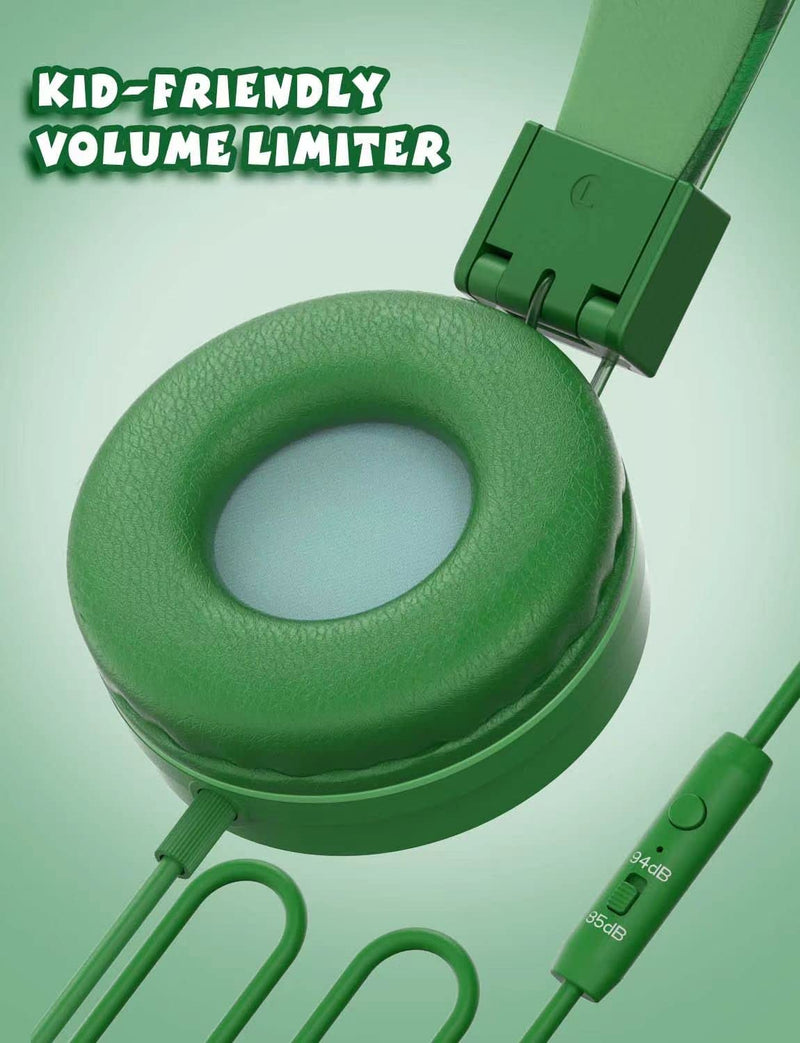 [Australia - AusPower] - SIMJAR Dinosaur Kids Headphones with Microphone for School, Volume Limiter 85/94dB, Over-Ear Girls Boys Headphones for Kids with Foldable Wired Headphones for iPad/Travel/Tablet Green 