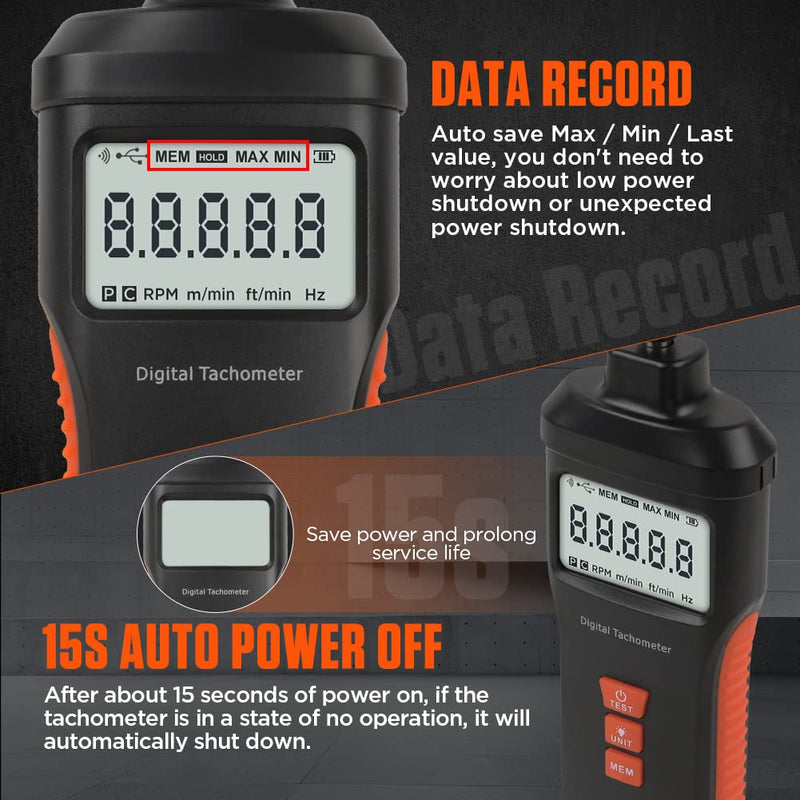 [Australia - AusPower] - Tachometer Contact & Non-contact Digital Tachometer 4 Test Mode Laser Photo Tachometer 1.0?99999RPM High Accuracy RPM Tachometer with 4 Contact Probes, Backlit Display, Data Memory/Hold,Auto Power Off 