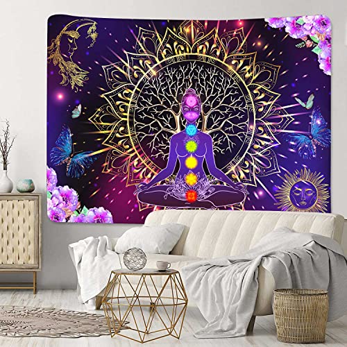 YLPHYLIS Tree of Life Chakra Meditation tapestry 71x95 Inches Spiritual Yoga Hippie Moon and Sun for Bedroom Living Room Dorm Home Tapestry YL128 95"L x 71"W
