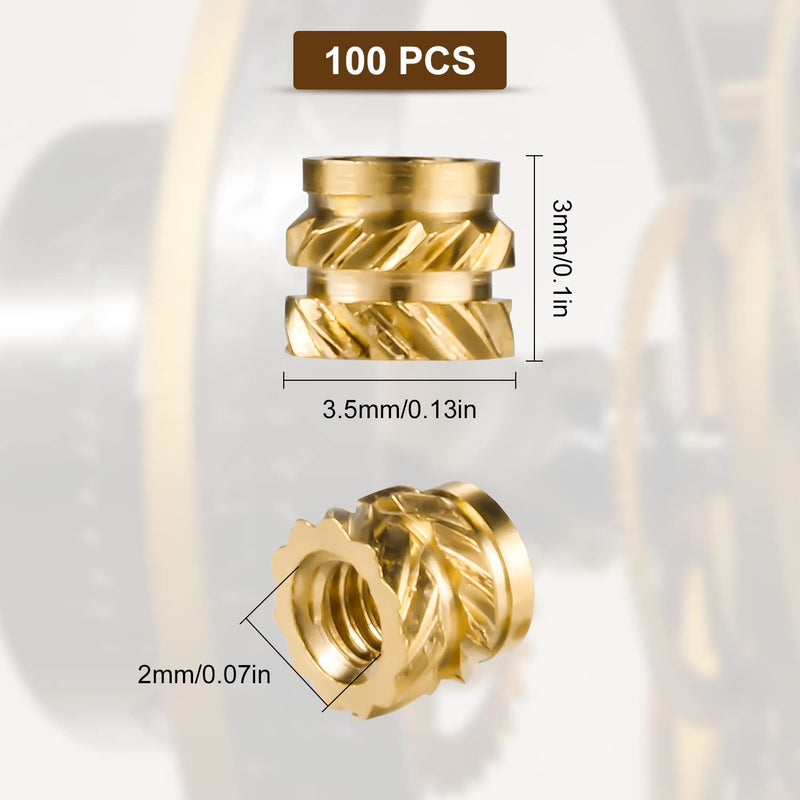 AIEX 100pcs 3D Printing Brass Nuts, M2 Threaded Insert, Knurled Brass Nuts, Female Thread Knurled Heat Embedment Nut for 3D Printing Parts Loptop Automotive Plastic Shell (M2x3x3.5mm)