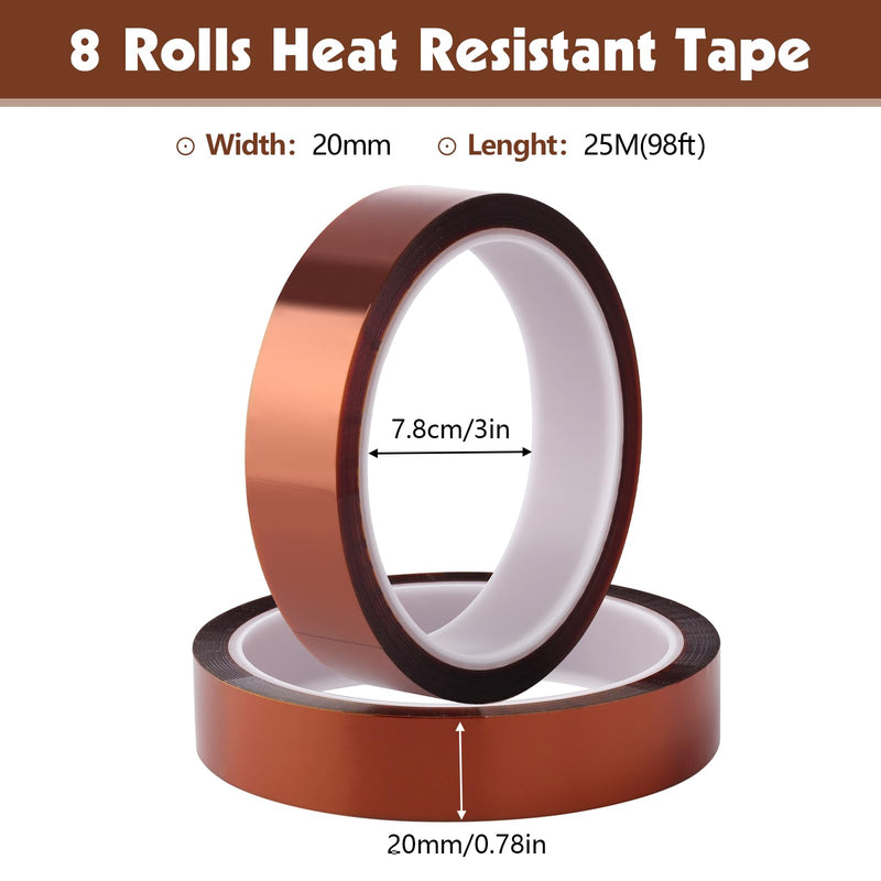 8 Rolls 20mm×25m (82Ft) Heat Resistant Tape, High Temperature Transfer Tape for Sublimation Heat Press Electronic Soldering Masking, No Residue 8