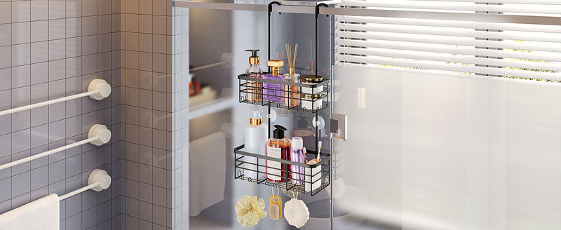 HapiRm Hanging Shower Caddy Organizer - No Drilling Shower Organizer with Hooks, Rustproof & Waterproof 304 Stainless Steel Bathroom Shelves - Black 2 Basket
