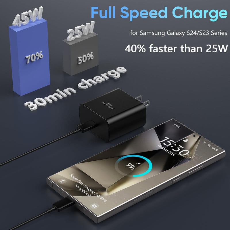 [Australia - AusPower] - Samsung Galaxy S24 Ultra Charger 45W USB-C Super Fast Charger Android Phone Charger Block with 6.6 FT Cable for Samsung Galaxy S24 Ultra/S24/S24+/S23 Ultra/S23/S23+/S22/S21/S20/Note 10/20, Galaxy Tab black 6.6FT 